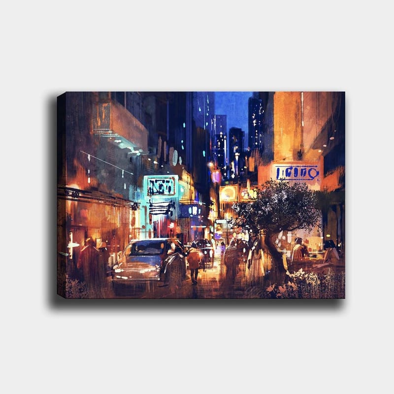 Canvas taulu 70x100 cm - Vilkas kaupunkikuva, jossa autoja ja ihmisiä liikkuu yöllä kadulla neonvalojen ja korkeiden rakennusten ympäröimänä, Tummansininen / Oranssi / Vihreä