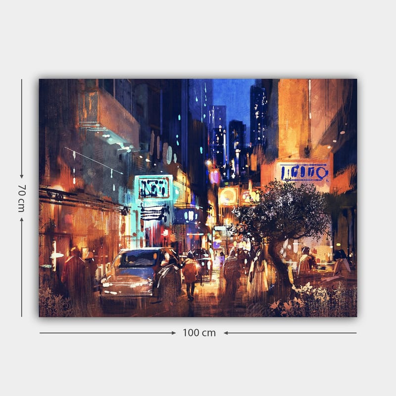 Canvas taulu 70x100 cm - Vilkas kaupunkikuva, jossa autoja ja ihmisiä liikkuu yöllä kadulla neonvalojen ja korkeiden rakennusten ympäröimänä - Tummansininen / Oranssi / Vihreä - Sisustustuotteet - Taulu & taide - Canvas-taulu