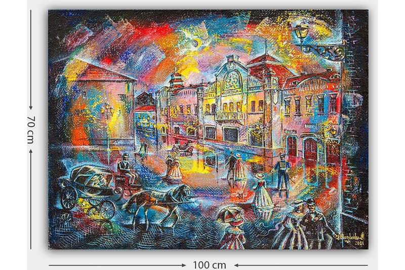 Canvas taulu 70x100 cm - Vilkas kaupunkikuva, jossa historiallisiin vaatteisiin pukeutuneita ihmisiä kävelee kadulla, jota reunustavat kauniit rakennukset ja hevoskärryt - Sininen / Punainen / Keltainen - Sisustustuotteet - Taulu & taide - Canvas-taulu
