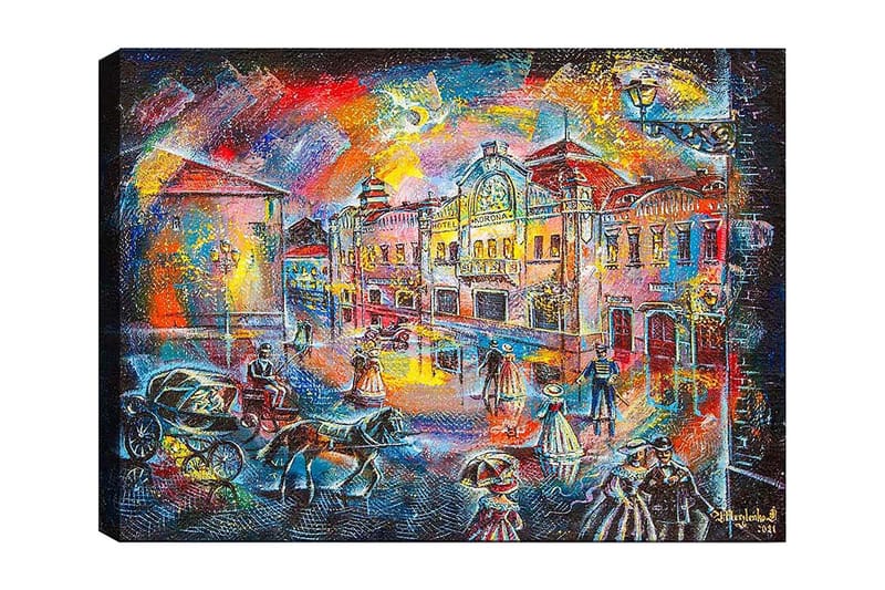 Canvas taulu 70x100 cm - Vilkas kaupunkikuva, jossa historiallisiin vaatteisiin pukeutuneita ihmisiä kävelee kadulla, jota reunustavat kauniit rakennukset ja hevoskärryt, Sininen / Punainen / Keltainen