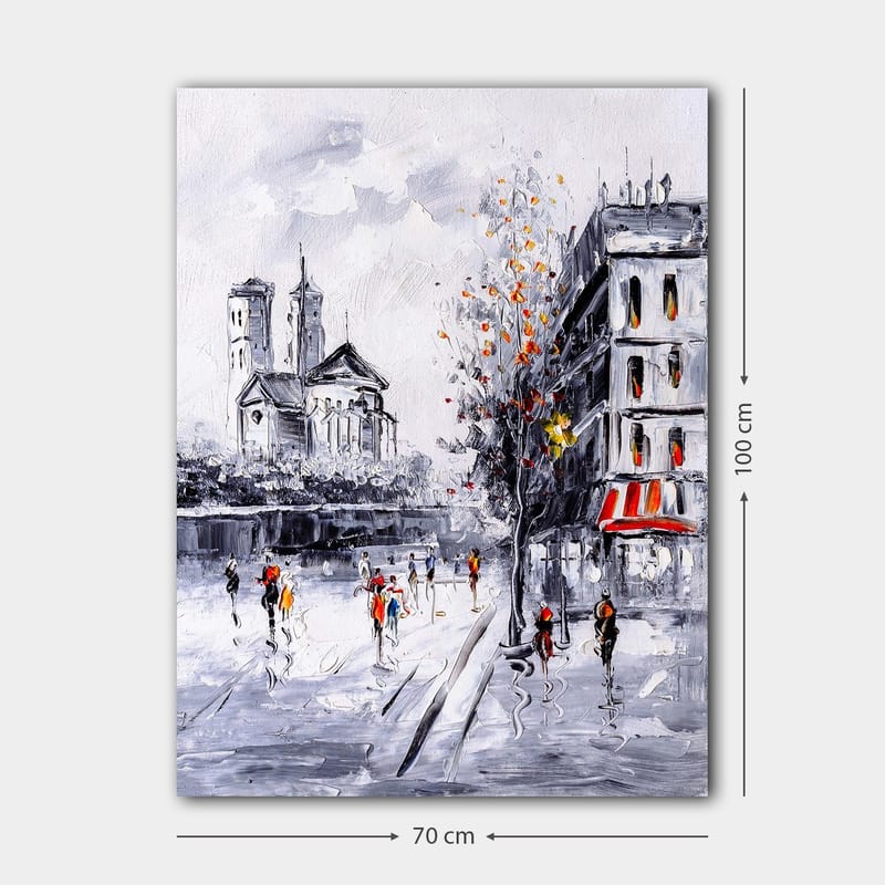 Canvas taulu 70x100 cm - Vilkas kaupunkikuva, jossa ihmiset kävelevät kirkon ja rakennusten edessä syksyisessä ympäristössä - Harmaa / Oranssi / Musta - Sisustustuotteet - Taulu & taide - Canvas-taulu