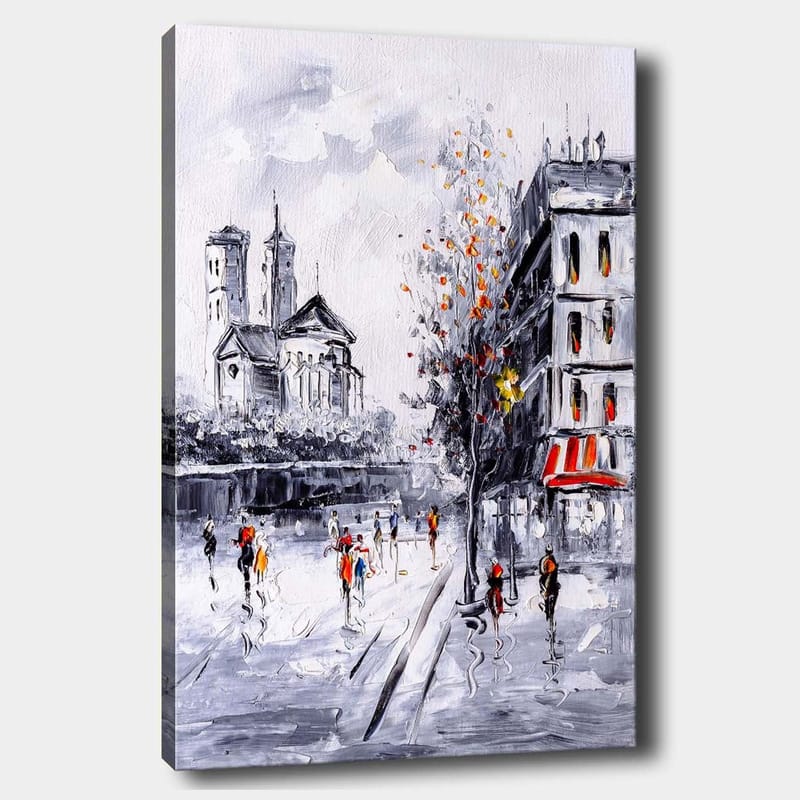 Canvas taulu 70x100 cm - Vilkas kaupunkikuva, jossa ihmiset kävelevät kirkon ja rakennusten edessä syksyisessä ympäristössä, Harmaa / Oranssi / Musta