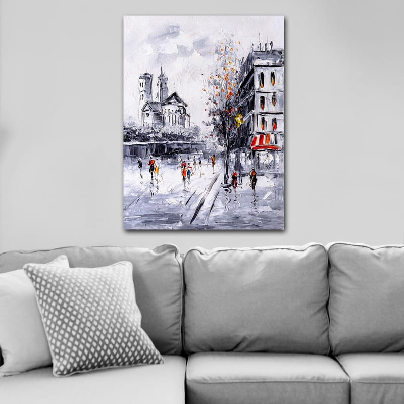 Canvas taulu 70x100 cm - Vilkas kaupunkikuva, jossa ihmiset kävelevät kirkon ja rakennusten edessä syksyisessä ympäristössä - Harmaa / Oranssi / Musta - Sisustustuotteet - Taulu & taide - Canvas-taulu