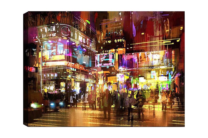 Canvas taulu 70x100 cm - Vilkas kaupunkikuva, jossa ihmiset liikkuvat värikkäiden neonkylttien ja valojen keskellä, Violetti / Keltainen / Vihreä