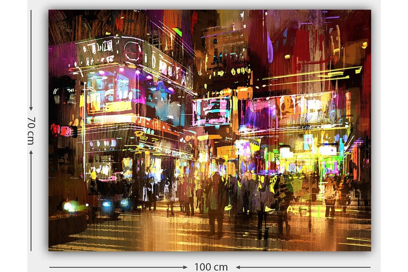 Canvas taulu 70x100 cm - Vilkas kaupunkikuva, jossa ihmiset liikkuvat värikkäiden neonkylttien ja valojen keskellä - Violetti / Keltainen / Vihreä - Sisustustuotteet - Taulu & taide - Canvas-taulu