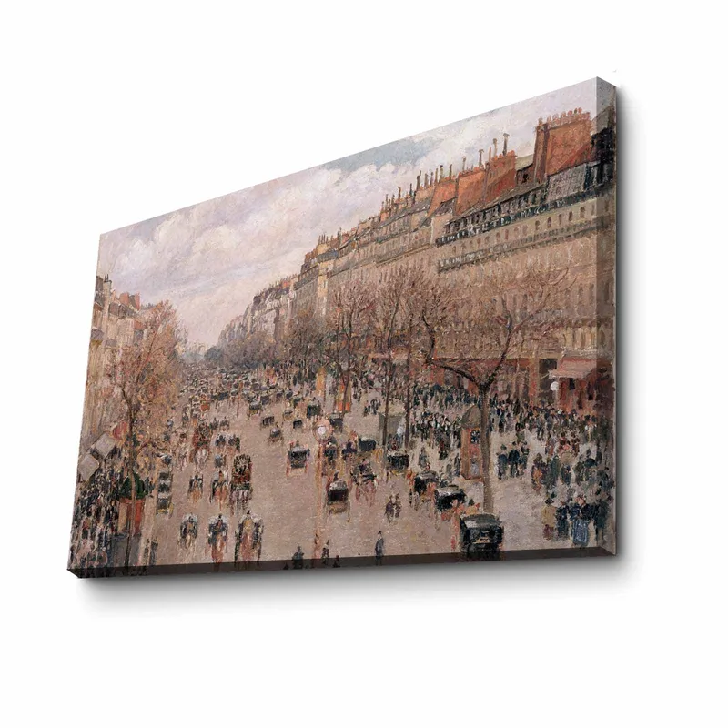 Canvas taulu 70x100 cm - Vilkas kaupunkikuva, jossa ihmisiä ja hevoskärryjä puiden ja rakennusten ympäröimällä kadulla - Vaaleanpunainen / Beige / Tummanvihreä - Sisustustuotteet - Taulu & taide - Canvas-taulu