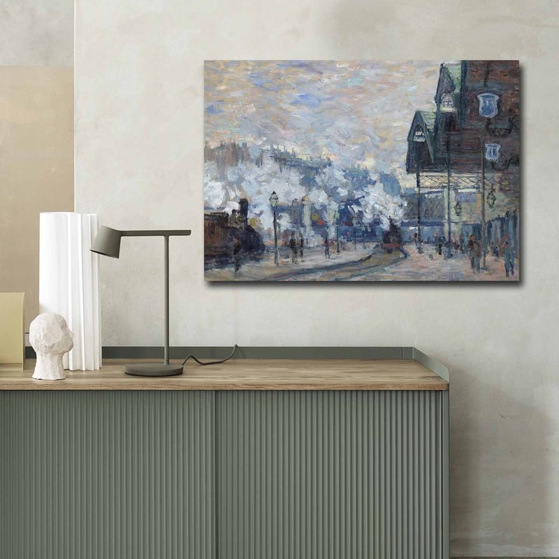 Canvas taulu 70x100 cm - Vilkas kaupunkikuva, jossa ihmisiä ja rakennuksia talvisessa ympäristössä - Sininen / Harmaa / Valkoinen - Sisustustuotteet - Taulu & taide - Canvas-taulu