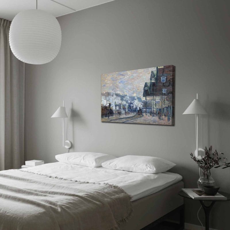 Canvas taulu 70x100 cm - Vilkas kaupunkikuva, jossa ihmisiä ja rakennuksia talvisessa ympäristössä, Sininen / Harmaa / Valkoinen