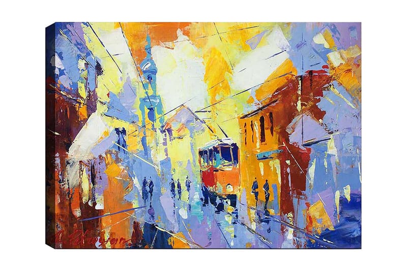 Canvas taulu 70x100 cm - Vilkas kaupunkikuva raitiovaunun liikkuessa värikkään kadun läpi, Keltainen / Sininen / Oranssi