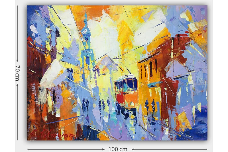 Canvas taulu 70x100 cm - Vilkas kaupunkikuva raitiovaunun liikkuessa värikkään kadun läpi - Keltainen / Sininen / Oranssi - Sisustustuotteet - Taulu & taide - Canvas-taulu