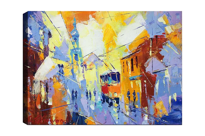 Canvas taulu 70x100 cm - Vilkas kaupunkikuva raitiovaunun liikkuessa värikkään kadun läpi, Keltainen / Sininen / Oranssi