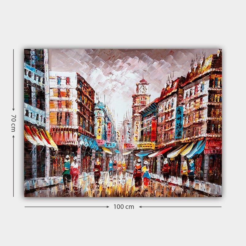 Canvas taulu 70x100 cm - Vilkas kaupunkikuva värikkäine rakennuksineen ja sateisella kadulla kävelevine ihmisineen - Punainen / Sininen / Keltainen - Sisustustuotteet - Taulu & taide - Canvas-taulu