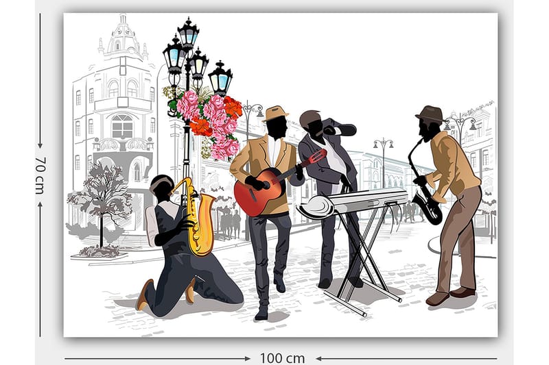 Canvas taulu 70x100 cm - Vilkas musiikkikohtaus, jossa neljä muusikkoa soittaa eri instrumentteja kadulla kukkien ja valojen ympäröimänä - Tummanruskea / Punainen / Musta - Sisustustuotteet - Taulu & taide - Canvas-taulu
