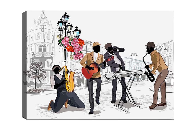 Canvas taulu 70x100 cm - Vilkas musiikkikohtaus, jossa neljä muusikkoa soittaa eri instrumentteja kadulla kukkien ja valojen ympäröimänä, Tummanruskea / Punainen / Musta