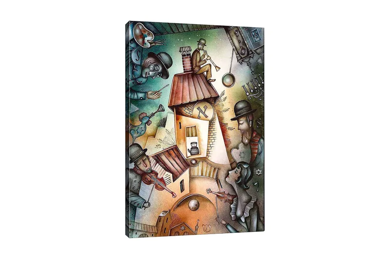 Canvas taulu 70x100 cm - Vilkas näkymä muusikoista ja hahmosta soittamassa trumpettia talon katolla, Vihreä / Ruskea / Sininen