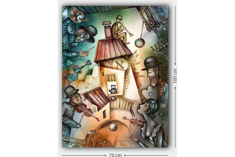 Canvas taulu 70x100 cm - Vilkas näkymä muusikoista ja hahmosta soittamassa trumpettia talon katolla - Vihreä / Ruskea / Sininen - Sisustustuotteet - Taulu & taide - Canvas-taulu