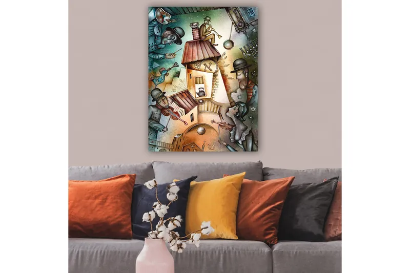 Canvas taulu 70x100 cm - Vilkas näkymä muusikoista ja hahmosta soittamassa trumpettia talon katolla - Vihreä / Ruskea / Sininen - Sisustustuotteet - Taulu & taide - Canvas-taulu