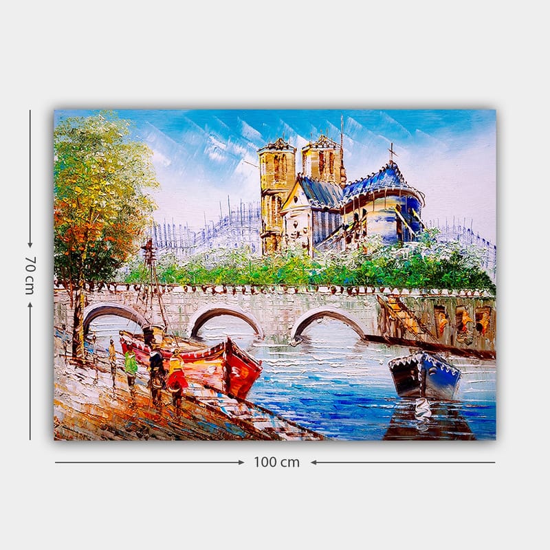 Canvas taulu 70x100 cm - Vilkas näkymä sillalla värikkäine veneineen ja vaikuttava rakennus taustalla - Sininen / Punainen / Vihreä - Sisustustuotteet - Taulu & taide - Canvas-taulu