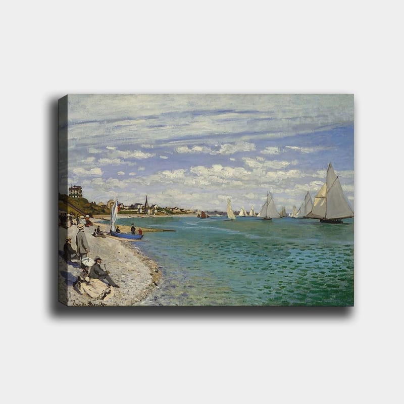 Canvas taulu 70x100 cm - Vilkas rantamaisema purjeveneiden liidessä veden yli, Sininen / Valkoinen / Vihreä