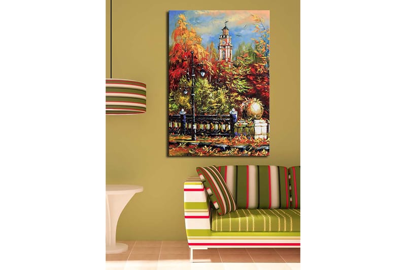 Canvas taulu 70x100 cm - Vilkas syysmaisema, taustalla kellotorni värikkäiden puiden ja valojen ympäröimänä - Punainen / Oranssi / Vihreä - Sisustustuotteet - Taulu & taide - Canvas-taulu