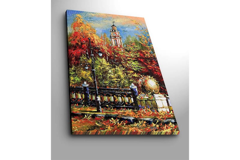 Canvas taulu 70x100 cm - Vilkas syysmaisema, taustalla kellotorni värikkäiden puiden ja valojen ympäröimänä - Punainen / Oranssi / Vihreä - Sisustustuotteet - Taulu & taide - Canvas-taulu
