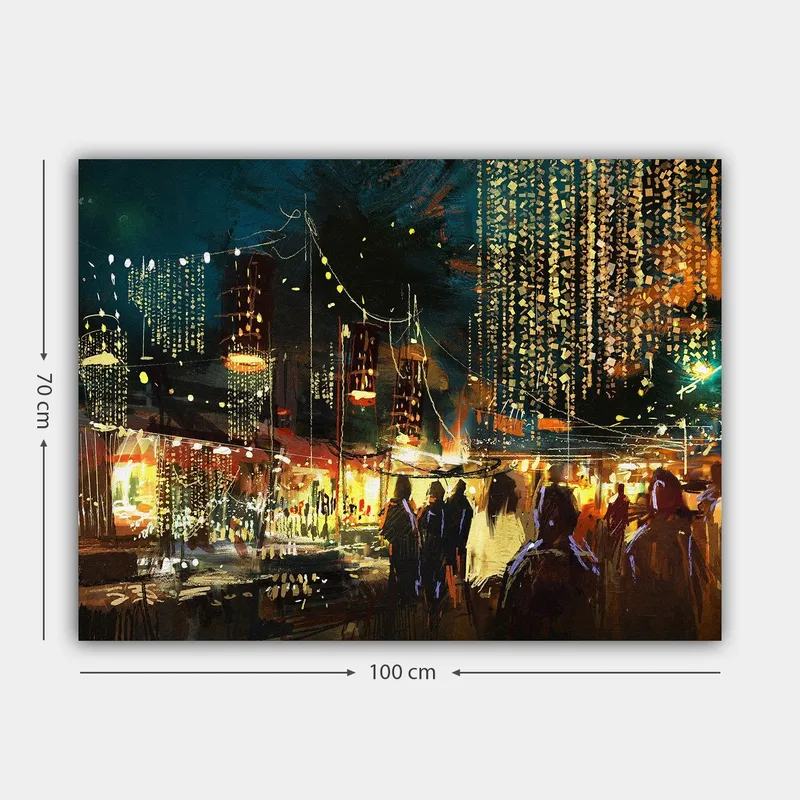 Canvas taulu 70x100 cm - Vilkkaat yömarkkinat, joissa ihmiset ja valot luovat juhlavan tunnelman - Tummansininen / Kulta / Punainen - Sisustustuotteet - Taulu & taide - Canvas-taulu