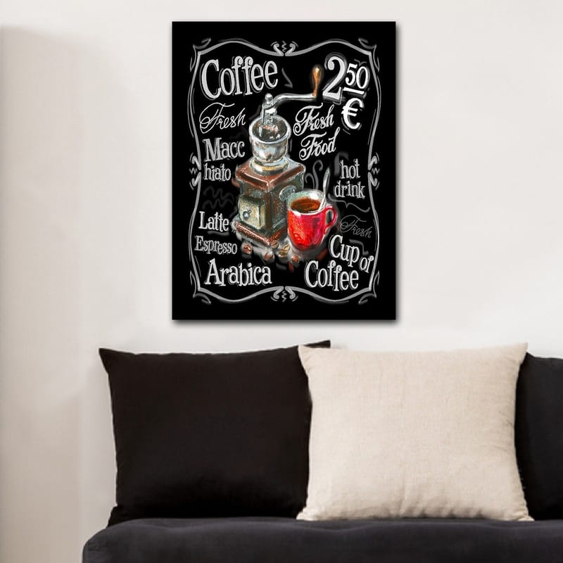 Canvas taulu 70x100 cm - Vintage-kahvimylly ja sen edessä punainen kahvikuppi - Punainen / Ruskea / Musta - Sisustustuotteet - Taulu & taide - Canvas-taulu