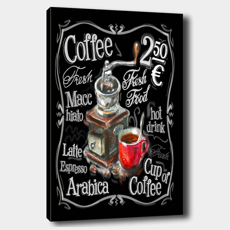 Canvas taulu 70x100 cm - Vintage-kahvimylly ja sen edessä punainen kahvikuppi, Punainen / Ruskea / Musta