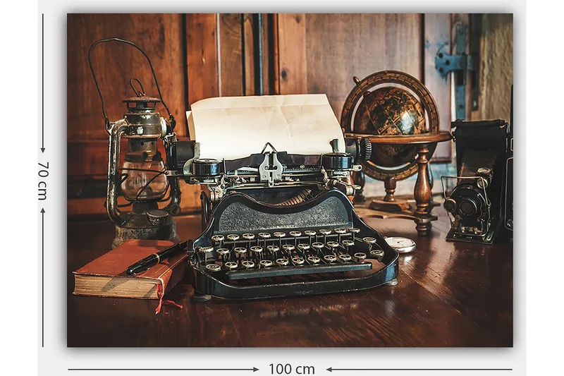 Canvas taulu 70x100 cm - Vintage-kirjoituskone paperilla ja vanhalla maapallolla puupöydällä - Musta / Ruskea / Valkoinen - Sisustustuotteet - Taulu & taide - Canvas-taulu