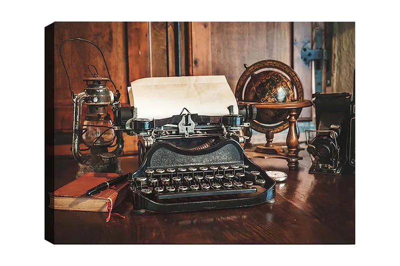 Canvas taulu 70x100 cm - Vintage-kirjoituskone paperilla ja vanhalla maapallolla puupöydällä, Musta / Ruskea / Valkoinen