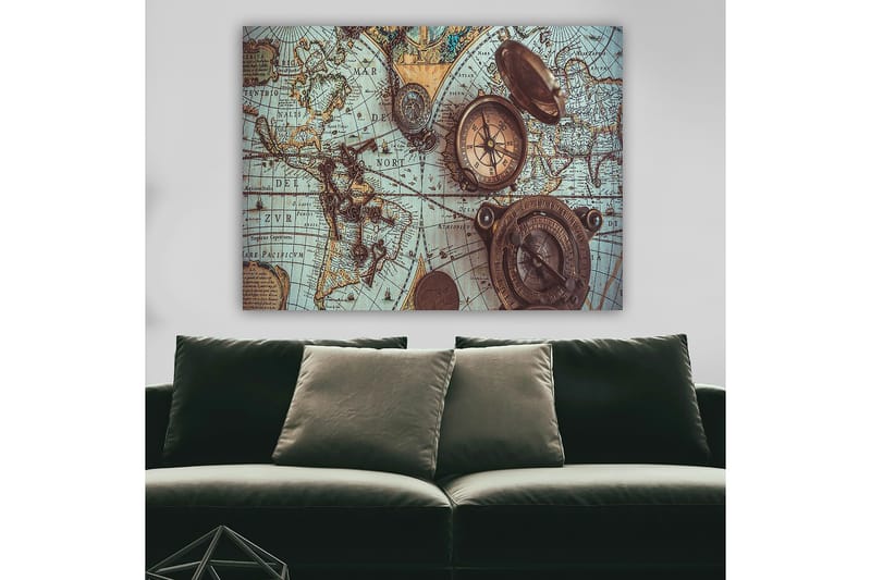 Canvas taulu 70x100 cm - Vintage-maailmankartta, jonka pääaiheena on kompassi ja avaimet - Sininen / Ruskea / Kulta - Sisustustuotteet - Taulu & taide - Canvas-taulu