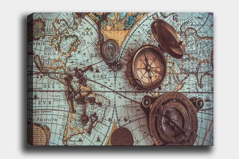 Canvas taulu 70x100 cm - Vintage-maailmankartta, jonka pääaiheena on kompassi ja avaimet, Sininen / Ruskea / Kulta