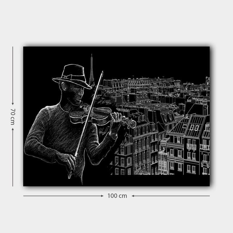 Canvas taulu 70x100 cm - Viulisti soittaa musiikkia kaupungin siluettia vasten Eiffel-tornin taustalla - Musta / Valkoinen - Sisustustuotteet - Taulu & taide - Canvas-taulu