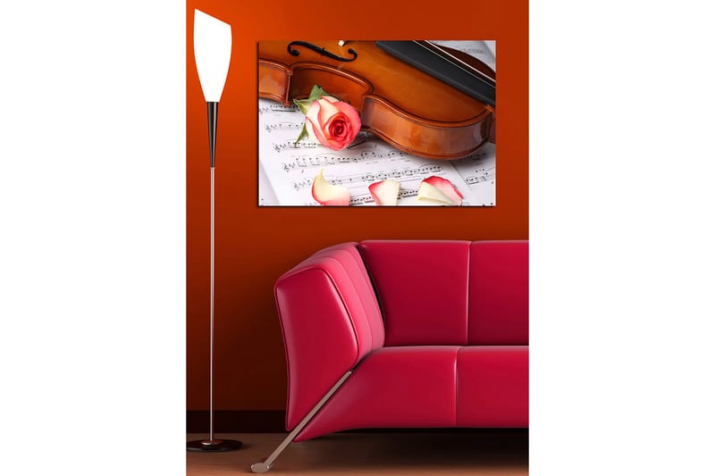 Canvas taulu 70x100 cm - Viulu ruusulla ja ruusun terälehdillä nuotilla - Punainen / Beige / Ruskea - Sisustustuotteet - Taulu & taide - Canvas-taulu