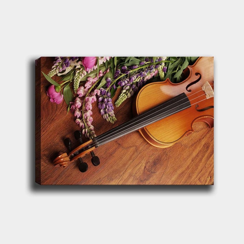 Canvas taulu 70x100 cm - Viulu värikkäiden kukkien ympäröimänä - Violetti / Vaaleanpunainen / Ruskea - Sisustustuotteet - Taulu & taide - Canvas-taulu