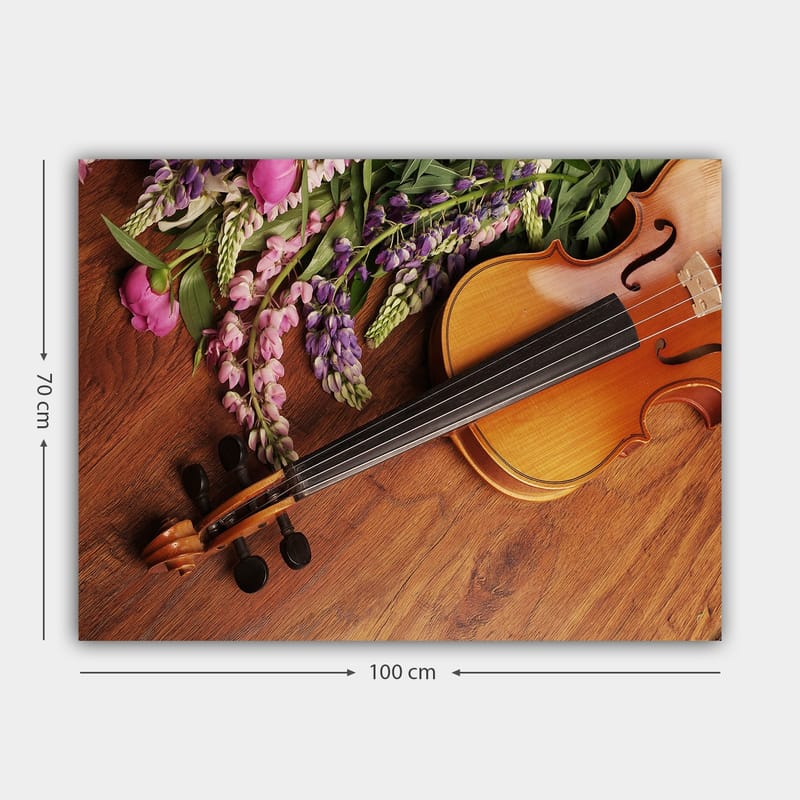 Canvas taulu 70x100 cm - Viulu värikkäiden kukkien ympäröimänä - Violetti / Vaaleanpunainen / Ruskea - Sisustustuotteet - Taulu & taide - Canvas-taulu