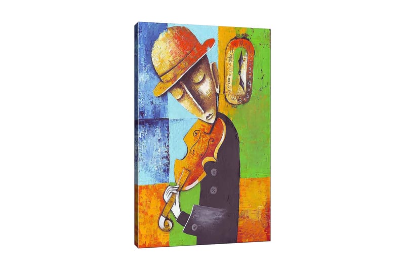 Canvas taulu 70x100 cm - Viulua soittava muusikko, pukeutuneena mustaan ja keltaiseen hattuun, värikkäiden geometristen muotojen ympäröimänä, Oranssi / Vihreä / Sininen