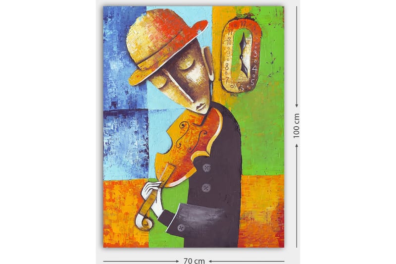 Canvas taulu 70x100 cm - Viulua soittava muusikko, pukeutuneena mustaan ja keltaiseen hattuun, värikkäiden geometristen muotojen ympäröimänä - Oranssi / Vihreä / Sininen - Sisustustuotteet - Taulu & taide - Canvas-taulu
