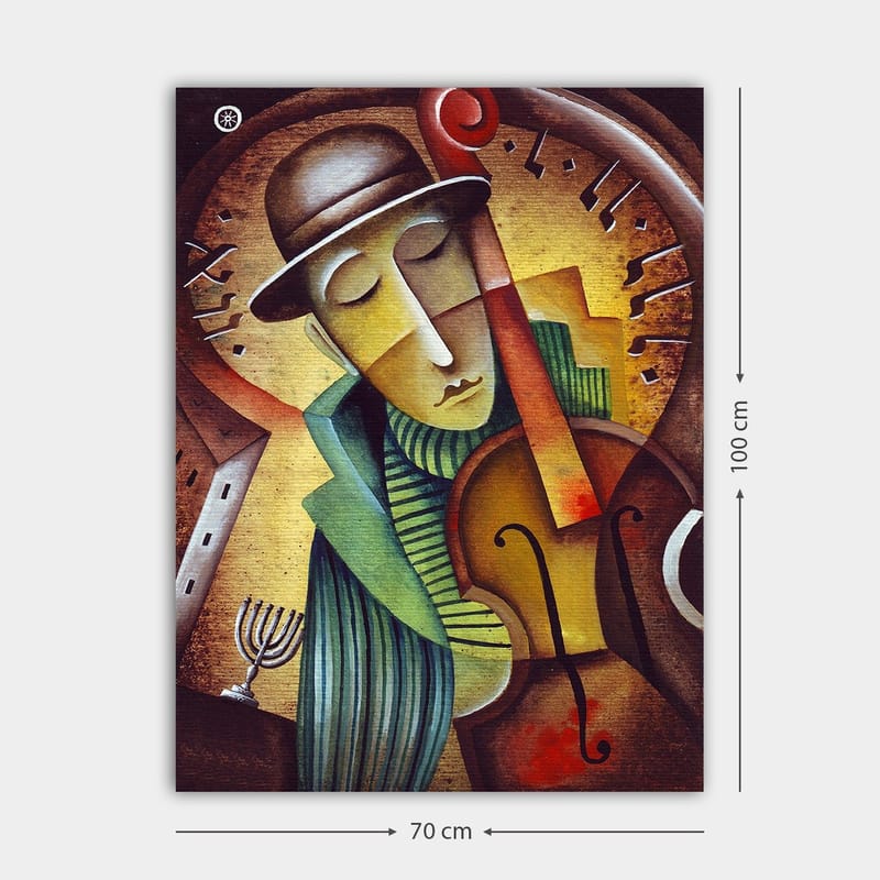 Canvas taulu 70x100 cm - Viulua soittava muusikko melankolisella ilmeellä ja tyylitellyllä taustalla - Ruskea / Vihreä / Keltainen - Sisustustuotteet - Taulu & taide - Canvas-taulu