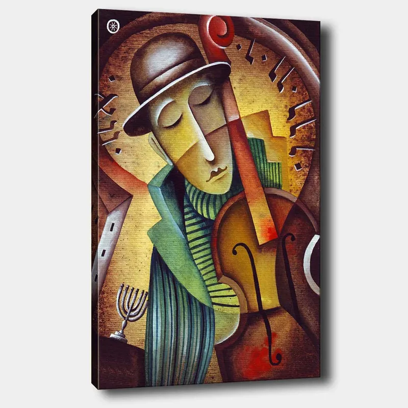 Canvas taulu 70x100 cm - Viulua soittava muusikko melankolisella ilmeellä ja tyylitellyllä taustalla, Ruskea / Vihreä / Keltainen