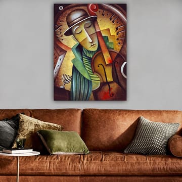Canvas taulu 70x100 cm - Viulua soittava muusikko melankolisella ilmeellä ja tyylitellyllä taustalla - Ruskea / Vihreä / Keltainen - Sisustustuotteet - Taulu & taide - Canvas-taulu