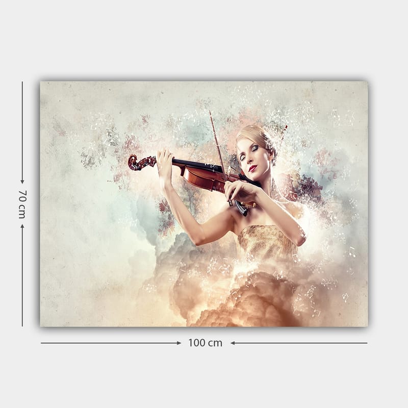 Canvas taulu 70x100 cm - Viulua soittava nainen unenomaisten pilvien ja nuottien ympäröimänä - Vaaleanbeige / Vaaleansininen / Vaaleanpunainen - Sisustustuotteet - Taulu & taide - Canvas-taulu