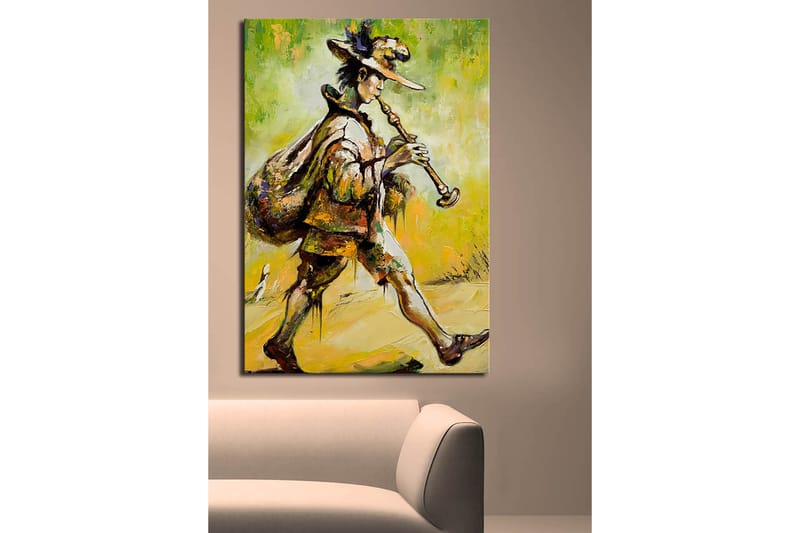 Canvas taulu 70x100 cm - Viulunsoittaja kävelee eteenpäin säkki selässään ja soittaa huiluaan - Vihreä / Keltainen / Ruskea - Sisustustuotteet - Taulu & taide - Canvas-taulu