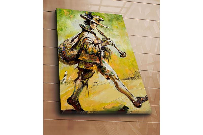 Canvas taulu 70x100 cm - Viulunsoittaja kävelee eteenpäin säkki selässään ja soittaa huiluaan - Vihreä / Keltainen / Ruskea - Sisustustuotteet - Taulu & taide - Canvas-taulu