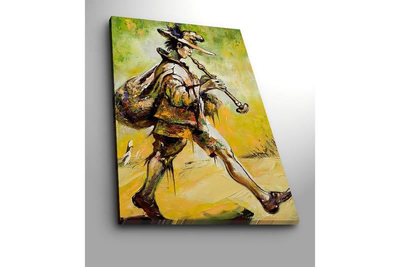 Canvas taulu 70x100 cm - Viulunsoittaja kävelee eteenpäin säkki selässään ja soittaa huiluaan - Vihreä / Keltainen / Ruskea - Sisustustuotteet - Taulu & taide - Canvas-taulu