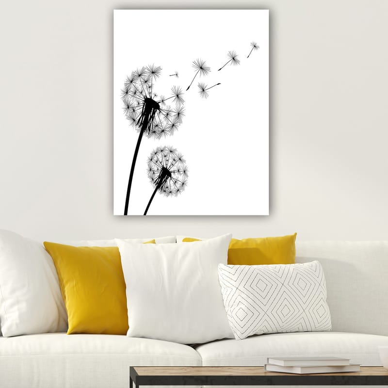 Canvas taulu 70x100 cm - Voikukkien siluetit levittämässä siemeniään tuulessa - Musta / Valkoinen - Sisustustuotteet - Taulu & taide - Canvas-taulu
