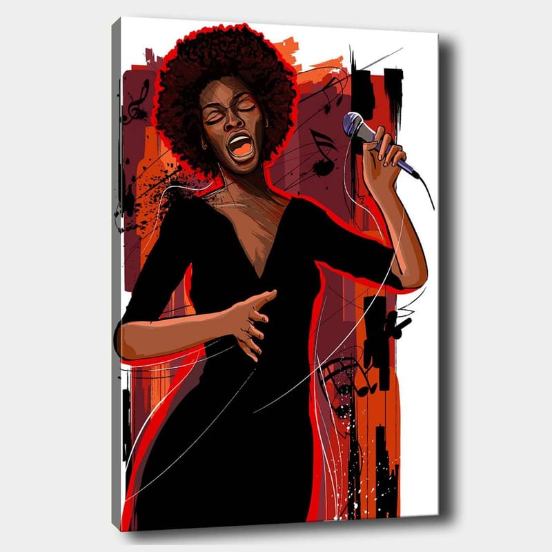 Canvas taulu 70x100 cm - Voimakas laulaja, joka ilmaisee tunteitaan musiikkinsa kautta, Punainen / Musta / Ruskea