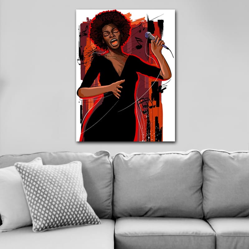 Canvas taulu 70x100 cm - Voimakas laulaja, joka ilmaisee tunteitaan musiikkinsa kautta - Punainen / Musta / Ruskea - Sisustustuotteet - Taulu & taide - Canvas-taulu