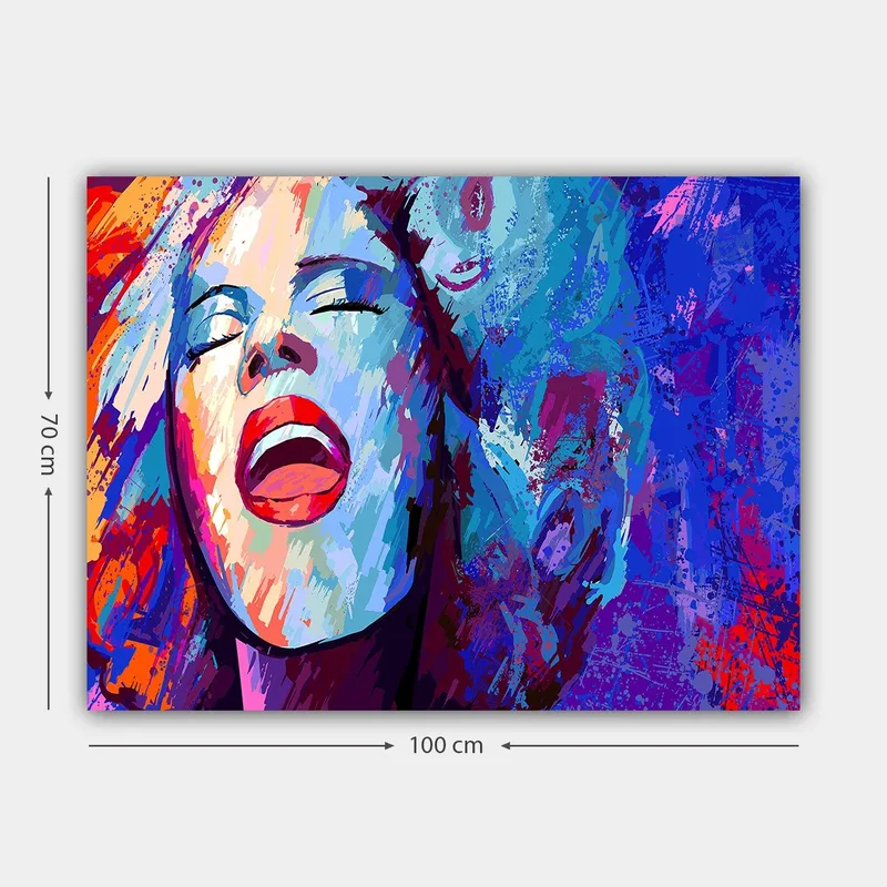 Canvas taulu 70x100 cm - Voimakas laulava nainen ilmeikkäillä kasvonpiirteillä - Sininen / Punainen / Valkoinen - Sisustustuotteet - Taulu & taide - Canvas-taulu