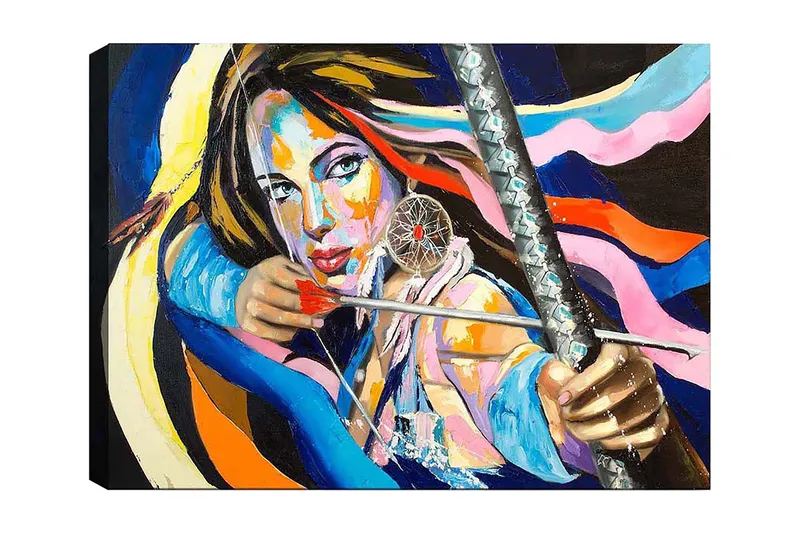 Canvas taulu 70x100 cm - Voimakas nainen jänteilee rusettia värikkäiden nauhojen ympäröimänä, Sininen / Punainen / Keltainen